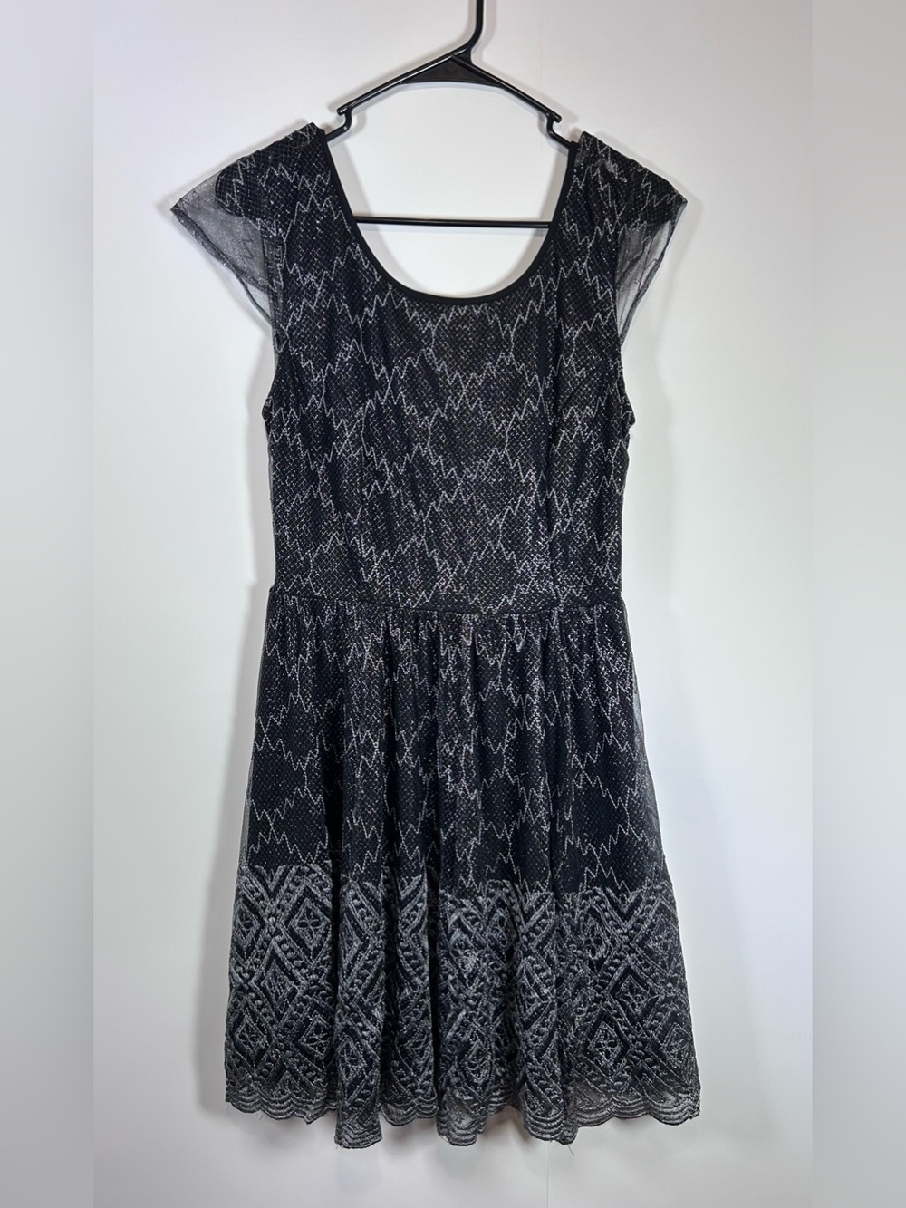 Pins & Needles Size 6 Black Silver Metallic Lace Fit and Flare Mini Dress